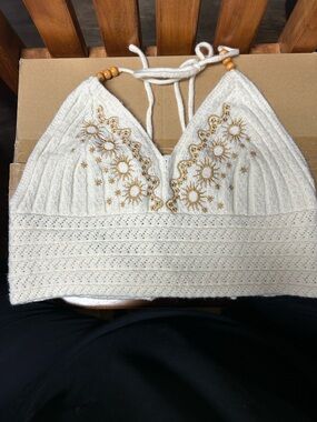 ROMWE Cream Knit Halter Crop Top with Gold Sun Embroidery